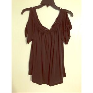 Black cold shoulder dress shirt.